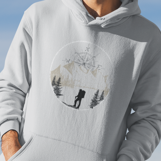 Men's graphic hiking hoodie featuring a scene of a hiker on a mountain, highlighting an outdoor adventure design, perfect for nature lovers and outdoor enthusiasts.