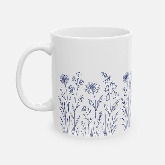 Floral Mug - Blue Wildflower Illustration Ceramic Mug (11oz, 15oz)