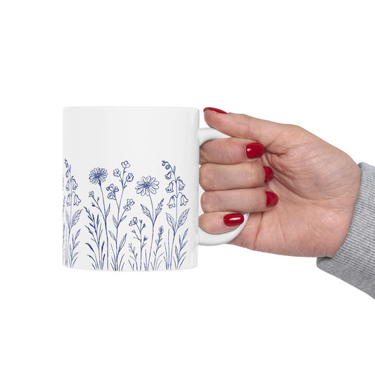 Floral Mug - Blue Wildflower Illustration Ceramic Mug (11oz, 15oz)