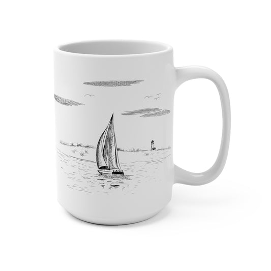 Front view of a 15oz ceramic mug featuring a hand-drawn sailboat and lighthouse ocean scene in a minimalist pen-and-ink nautical design on a white background.