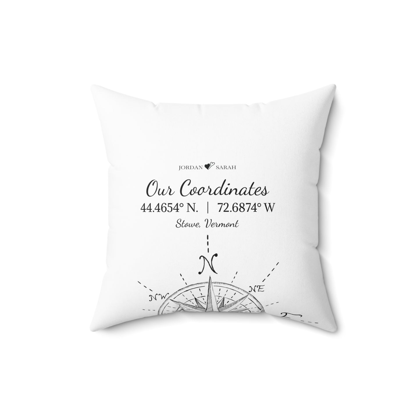 16X16 personalized coordinates pillow on white background with custom GPS location, perfect for outdoor enthusiasts, home decor, or as a thoughtful Valentine’s Day or anniversary gift.