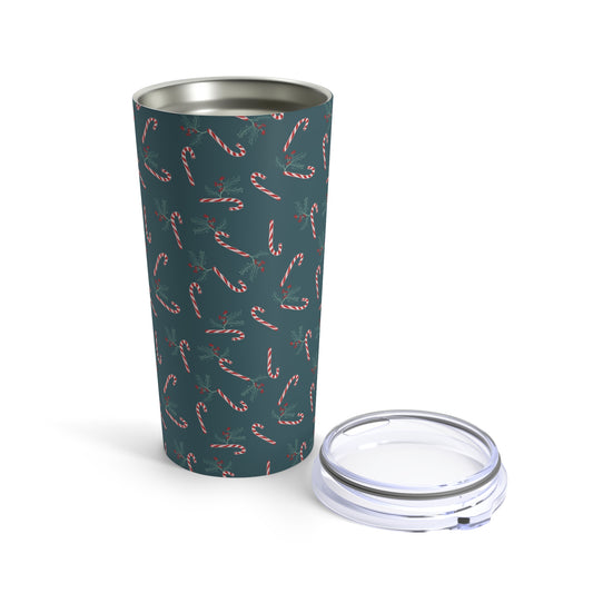 20oz tumbler with a candy cane and holly holiday pattern, shown with the lid off against a white background, perfect for festive drinks during the holiday season.
