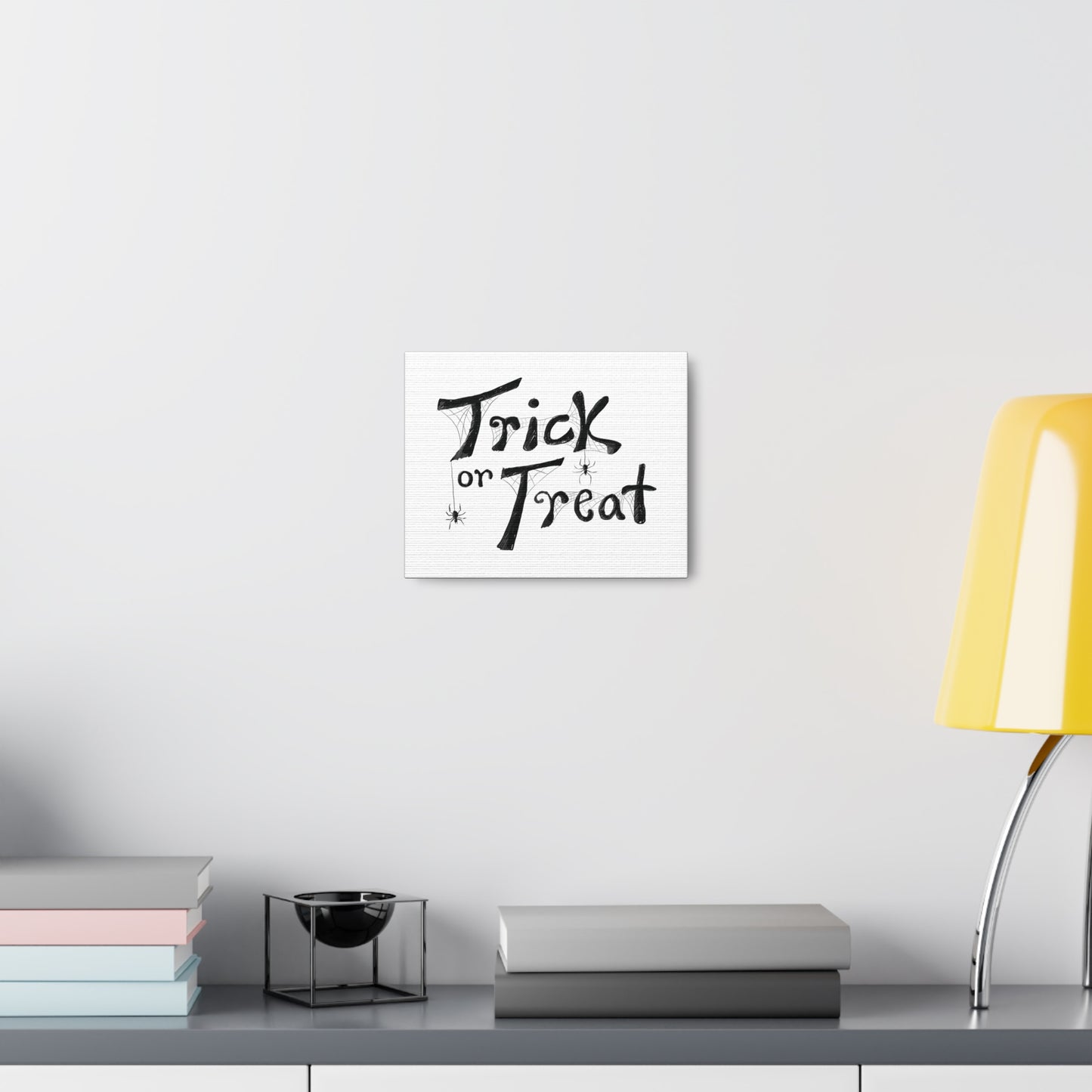 Canvas Gallery Wraps - Trick or Treat Illustrated Text with Spiders, Halloween Wall Art Decor, Spiderweb Canvas Prints, Spooky Home Decor,