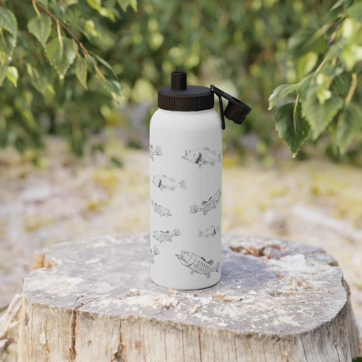 Largemouth Bass Pattern Water Bottle – Stainless Steel with Sports Lid