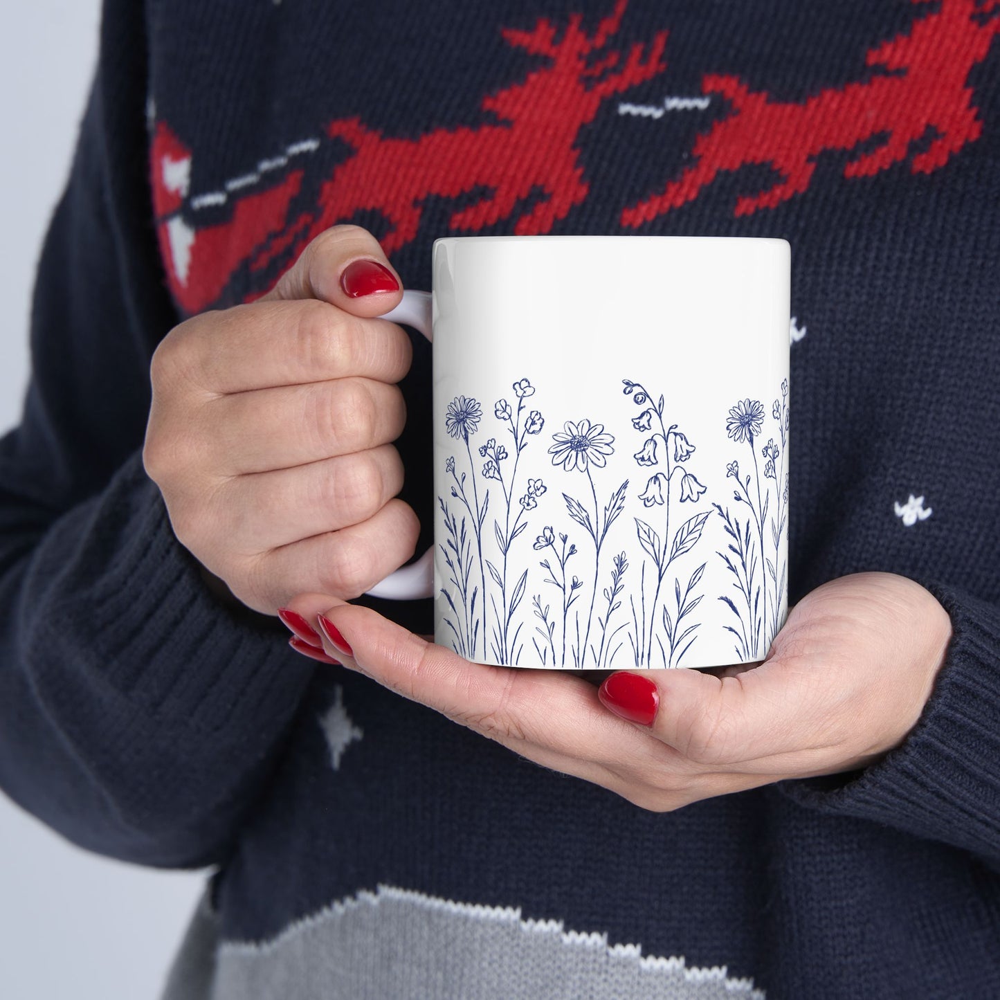 Floral Mug - Blue Wildflower Illustration Ceramic Mug (11oz, 15oz)