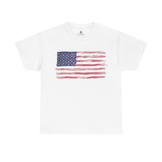 A t-shirt featuring an illustration of American Flag, a perfect gift for patriots and 4th of July.
