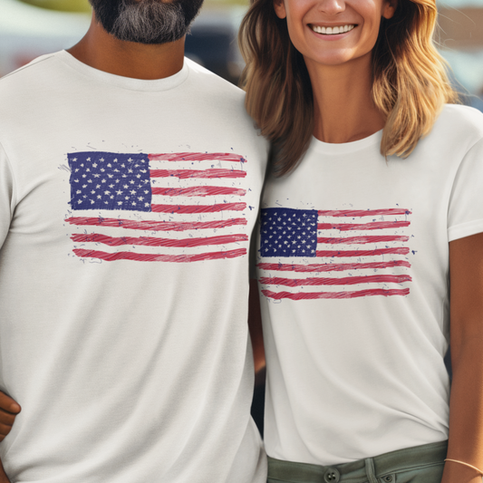 Couples wearing a unisex t-shirt featuring an illustration of American Flag, a perfect gift for patriots and 4th of July.