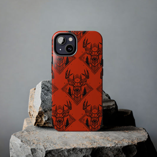 Antler Buck iPhone Case in orange displayed on a rugged rock, showcasing its hunting-inspired design for outdoor enthusiasts.