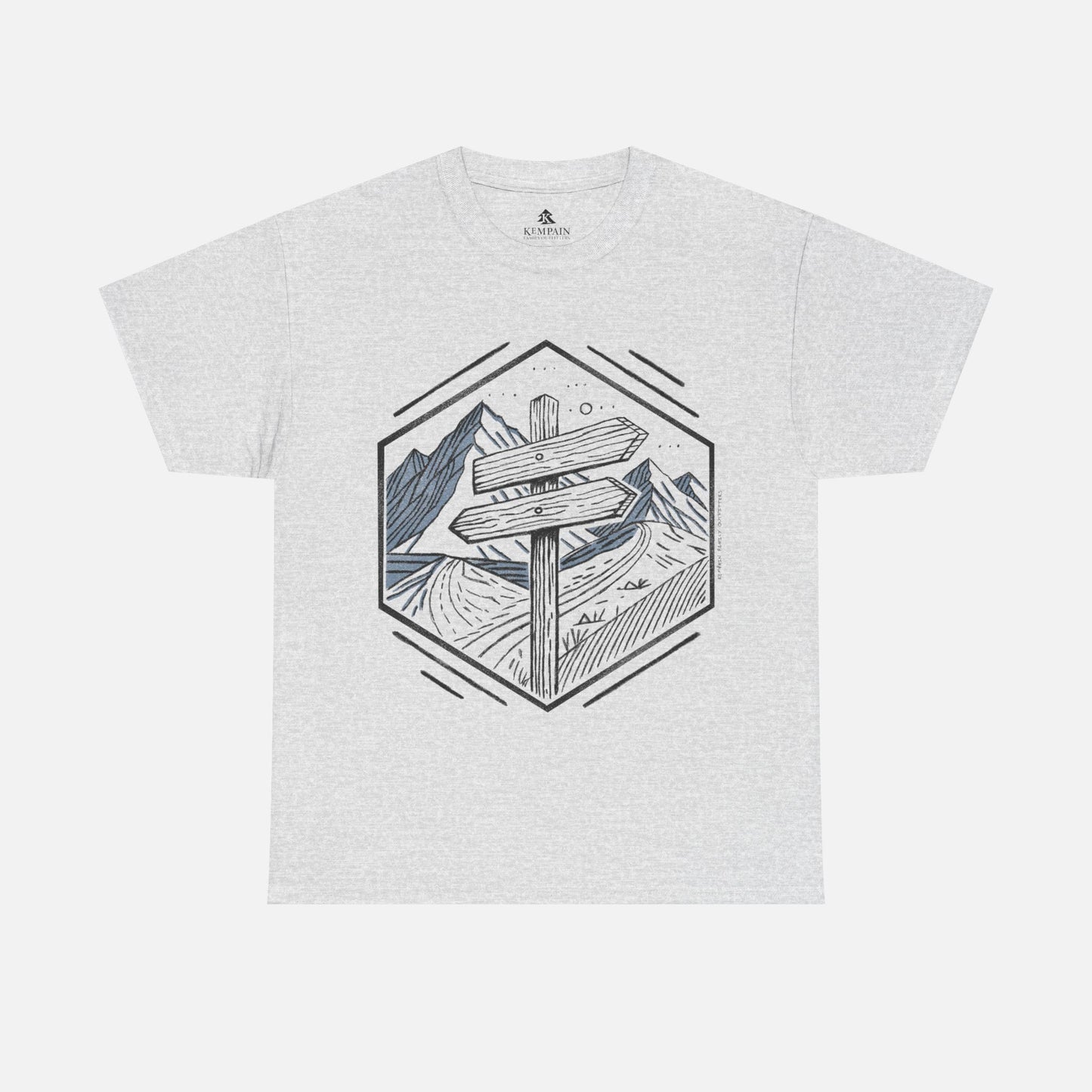 Ash Color Wilderness Way Trail Sign T-Shirt displayed flat on a white background, showcasing a clean and modern hiking-inspired design.