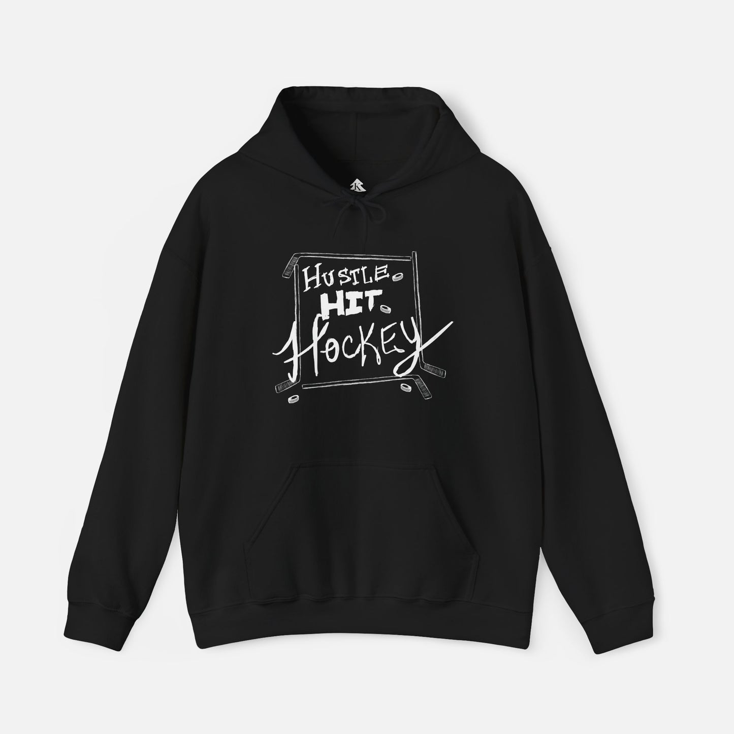 Black Hustle Hit Hockey Hoodie with bold hockey-themed design, showcasing comfort and style for hockey fans on white background.