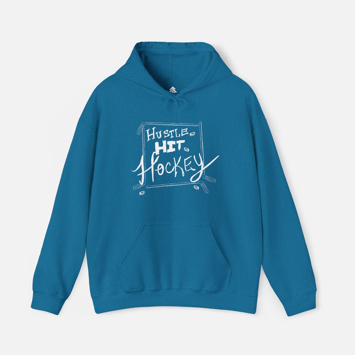 Blue Hustle Hit Hockey Hoodie with bold hockey-themed design, showcasing comfort and style for hockey fans on white background.