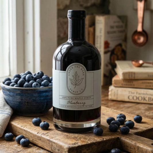 Bottle of blueberry infused maple syrup on a wooden surface with blueberries and cookbooks in the background.