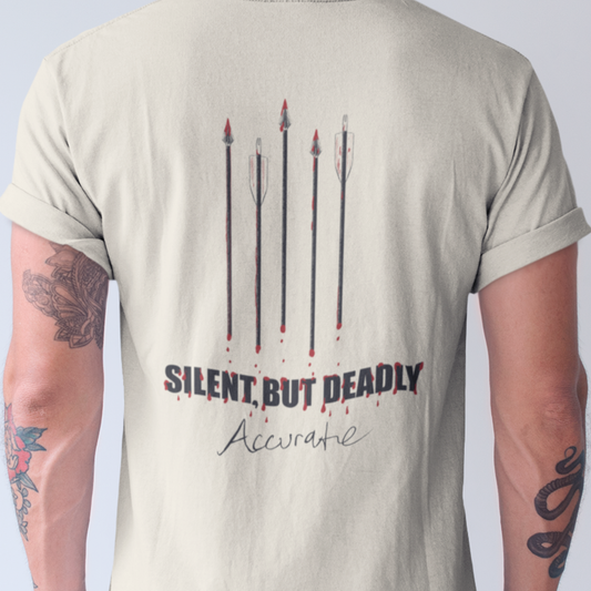 Model wearing Silent but Deadly Accurate Bow Hunter T-Shirt, showcasing back side arrows graphic, perfect for archers and bowhunting enthusiasts.
