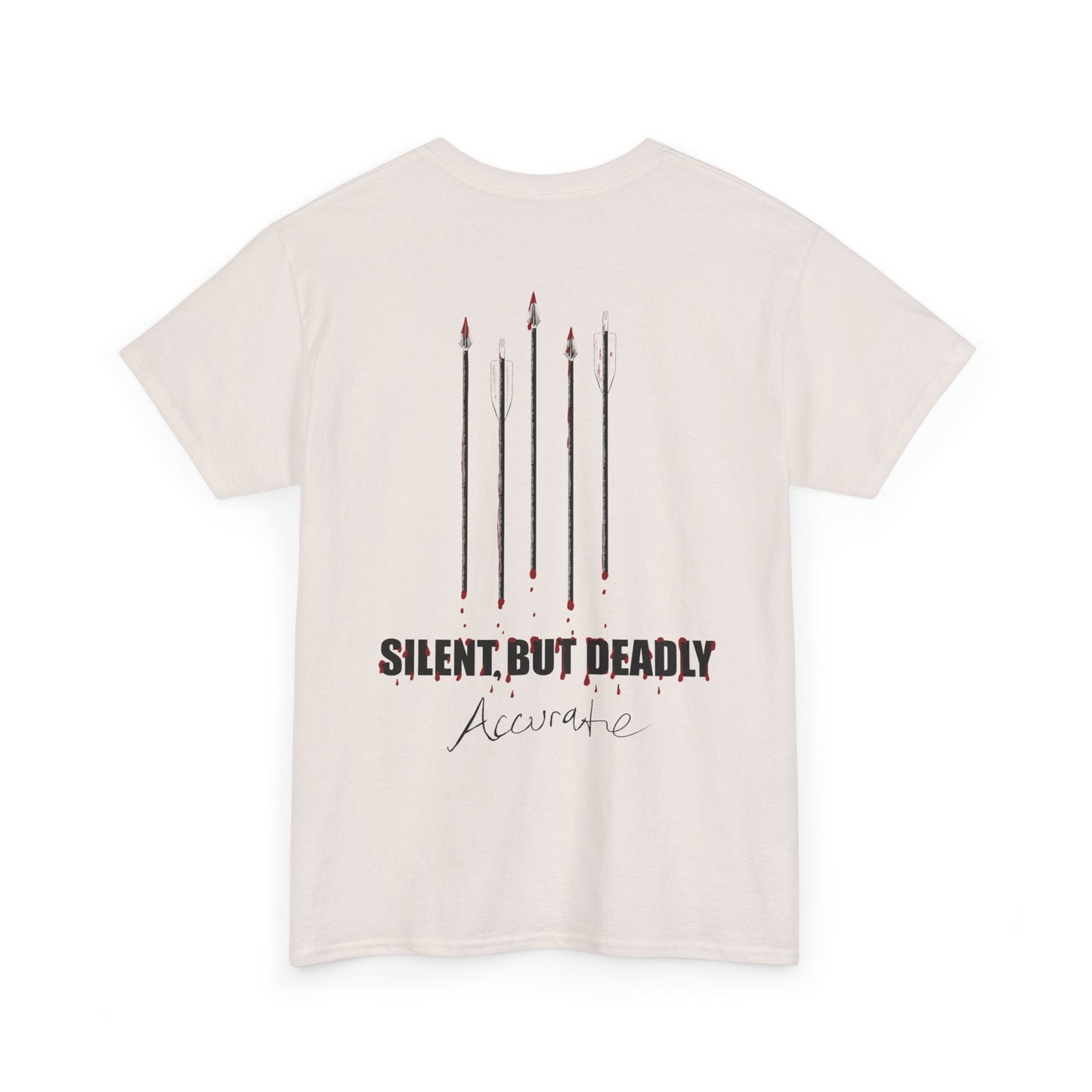 Back side graphic for Silent but Deadly Accurate Bow Hunter T-Shirt in sand color on a white background, featuring bloody arrows and dripping blood text for archery and hunting enthusiasts.