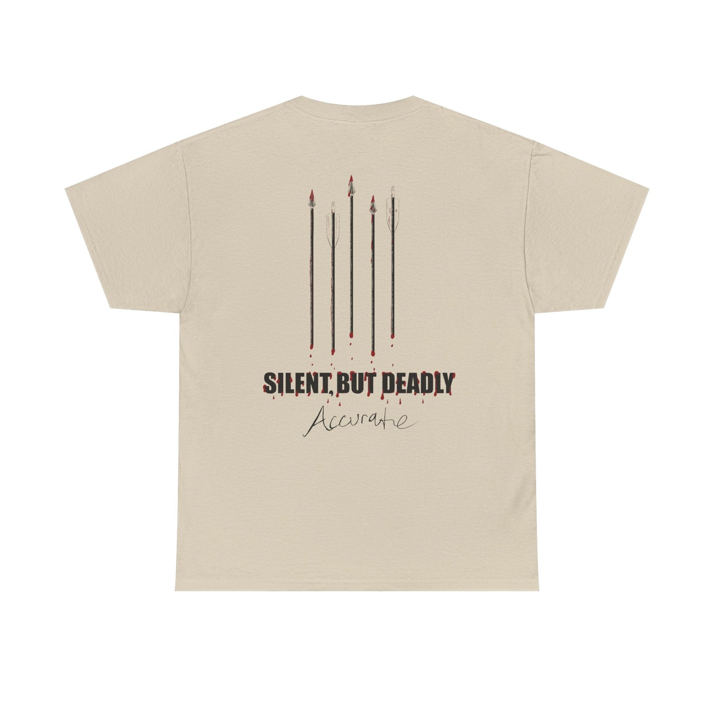 Back side graphic for Silent but Deadly Accurate Bow Hunter T-Shirt in sand color on a white background, featuring bloody arrows and dripping blood text for archery and hunting enthusiasts.