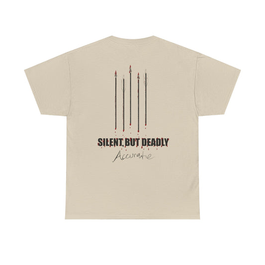 Back side graphic for Silent but Deadly Accurate Bow Hunter T-Shirt in sand color on a white background, featuring bloody arrows and dripping blood text for archery and hunting enthusiasts.