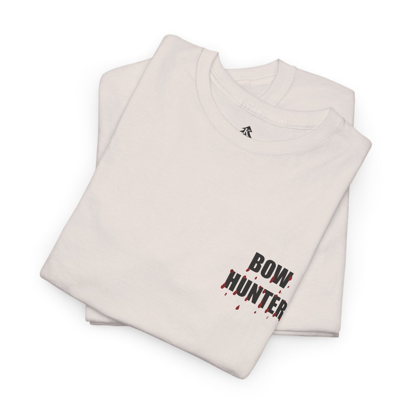Front side folded Bow Hunter graphic for Silent but Deadly Accurate Bow Hunter T-Shirt in ice gray on a white background, featuring bloody arrows and dripping blood text for archery and hunting enthusiasts.
