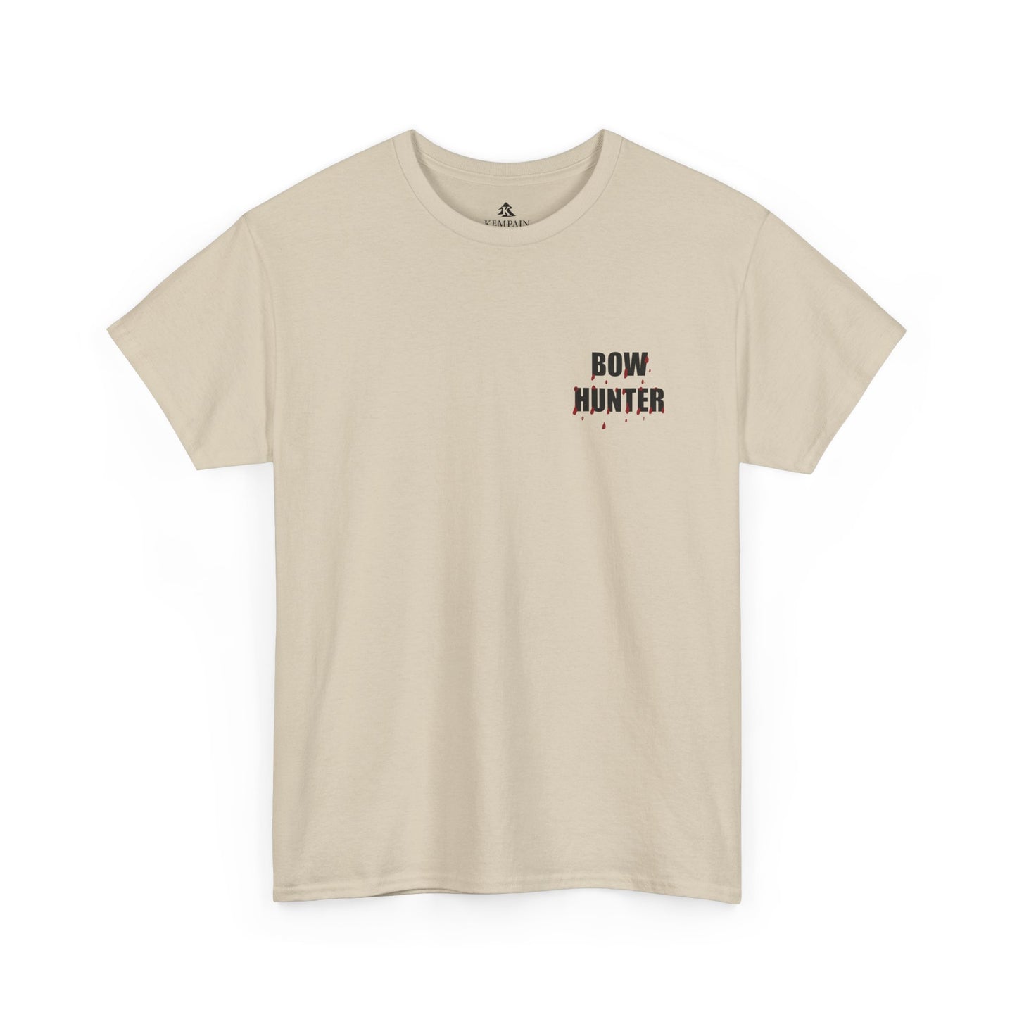 Front side Bow Hunter graphic for Silent but Deadly Accurate Bow Hunter T-Shirt in sand color on a white background, featuring bloody arrows and dripping blood text for archery and hunting enthusiasts.