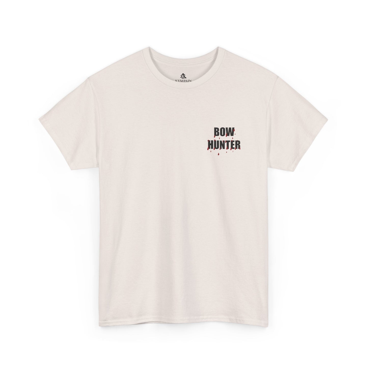 Front side Bow Hunter graphic for Silent but Deadly Accurate Bow Hunter T-Shirt in light gray color on a white background, featuring bloody arrows and dripping blood text for archery and hunting enthusiasts.