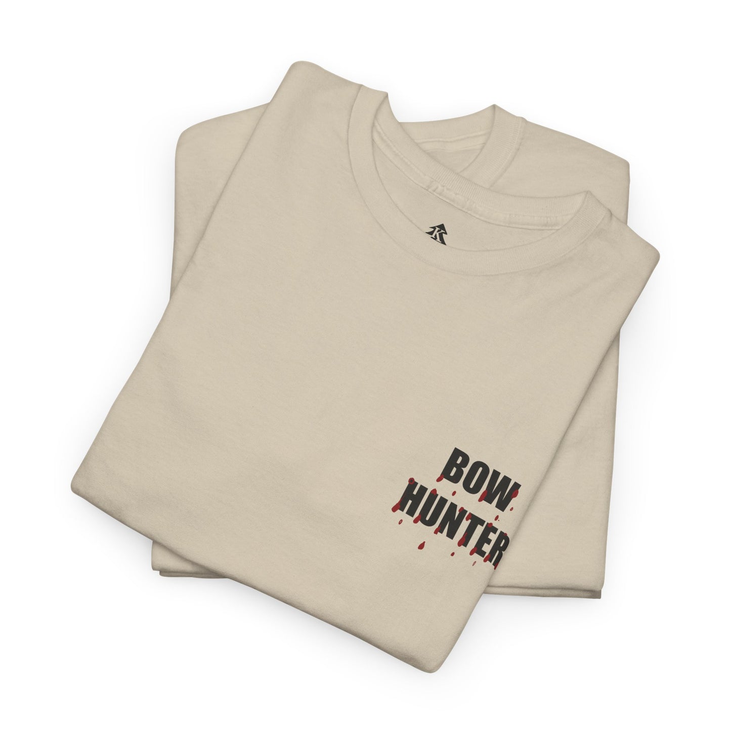 Front side folded Bow Hunter graphic for Silent but Deadly Accurate Bow Hunter T-Shirt in sand color on a white background, featuring bloody arrows and dripping blood text for archery and hunting enthusiasts.