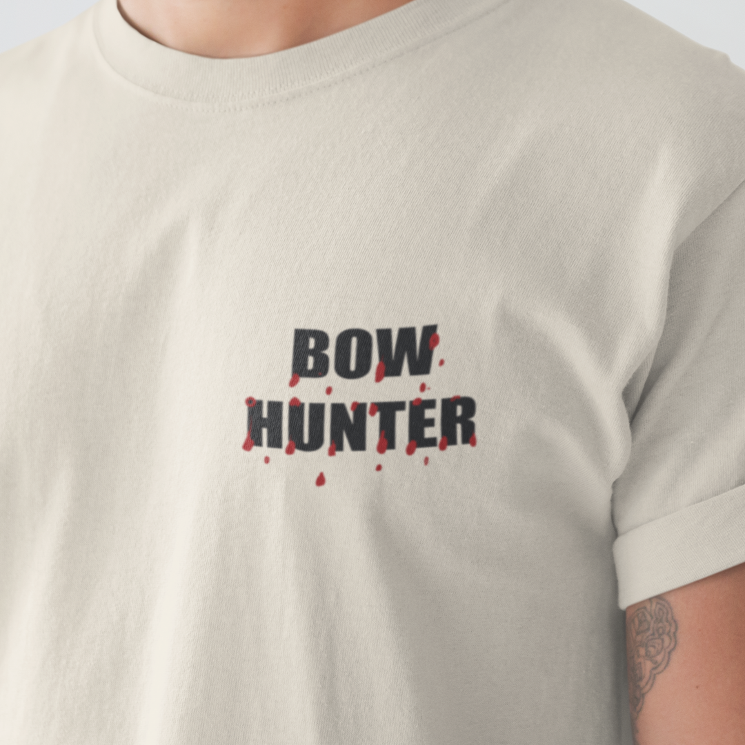 Model wearing Silent but Deadly Accurate Bow Hunter T-Shirt, showcasing front side Bow Hunter text graphic, perfect for archers and bowhunting enthusiasts.