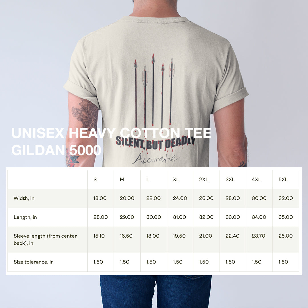 Size chart for Silent but Deadly Accurate Bow Hunter T-Shirt, providing detailed measurements for the perfect fit for archers and bowhunters.