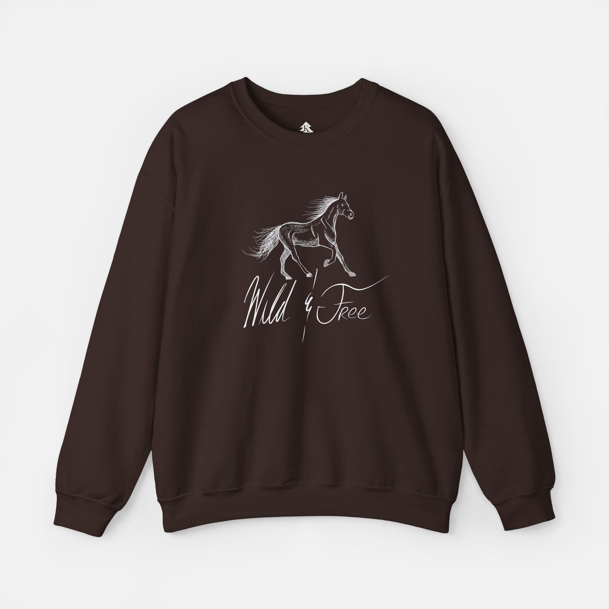 Wild and Free Elegant Horse Illustration Sweatshirt in chocolate brown on a white background, featuring a graceful equine design for horse lovers and equestrian fashion enthusiasts.
