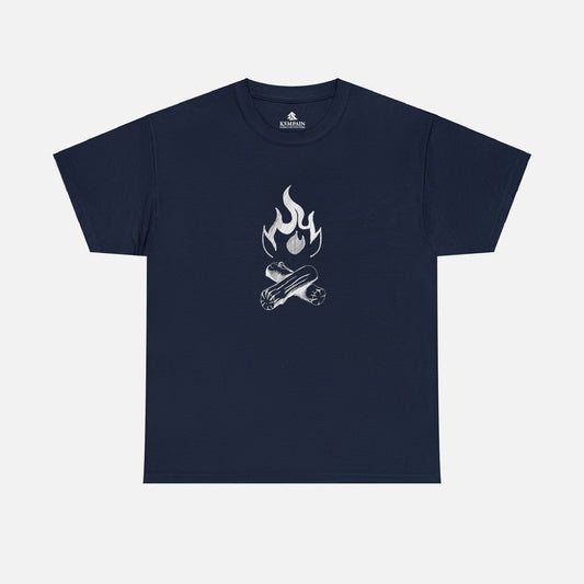 A campfire graphic tee on a white background in Navy. Perfect for tent camping or nights by the fire pit.