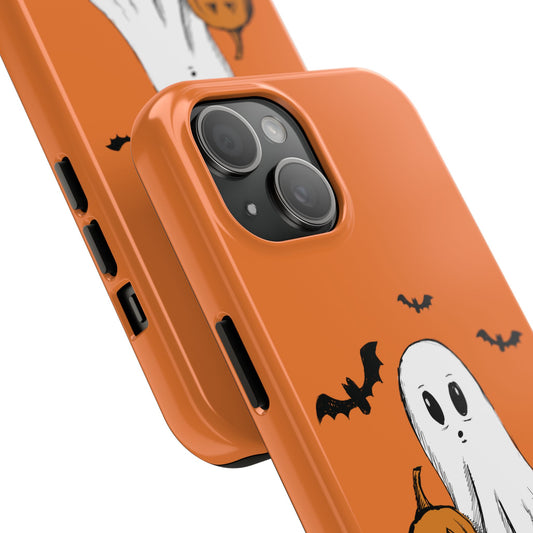 Close view of phone case featuring a Halloween design with a ghost, pumpkin, and bats, compatible with iPhone and Samsung models, perfect for spooky seasonal style.