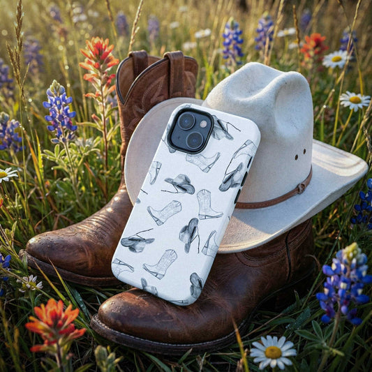 Phone case with cowboy boot design on white background, placed on brown cowboy boots in a field of wildflowers.