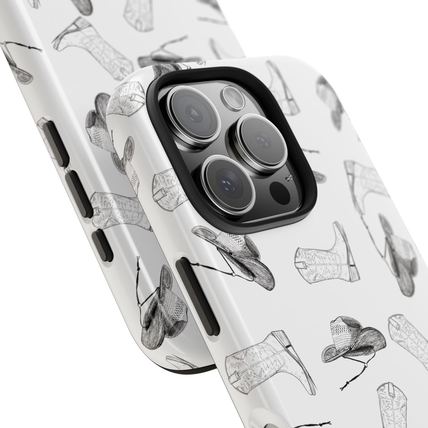Cowgirl Hat & Boot Pattern Phone Case on white background Featuring a close up of the charming Western design, this case is perfect for country lovers, rodeo fans, and anyone who adores rustic style.