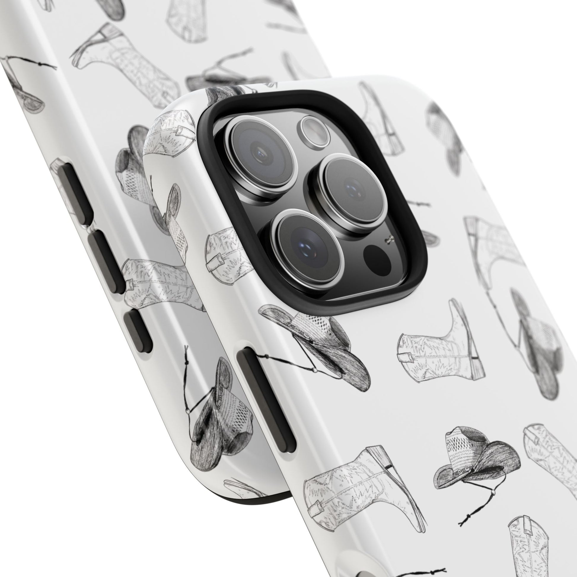 Cowgirl Hat & Boot Pattern Phone Case on white background Featuring a close up of the charming Western design, this case is perfect for country lovers, rodeo fans, and anyone who adores rustic style.