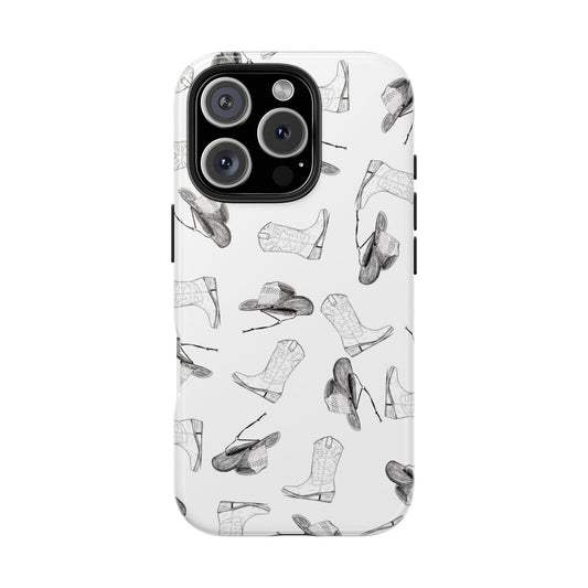 Front view of Cowgirl Hat & Boot Pattern Phone Case on white background Featuring a charming Western design, this case is perfect for country lovers, rodeo fans, and anyone who adores the country.