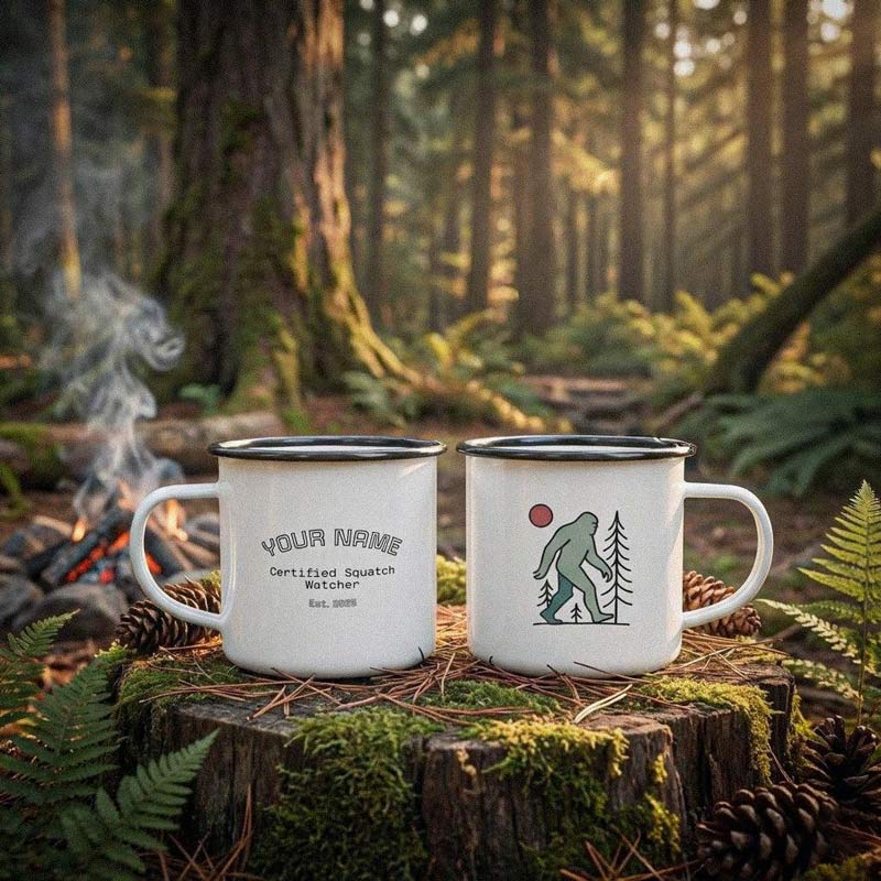 Two enamel mugs on a log in a forest setting with a campfire featuring customizable text on one side with Bigfoot graphic by Kempain Family Outfitters.