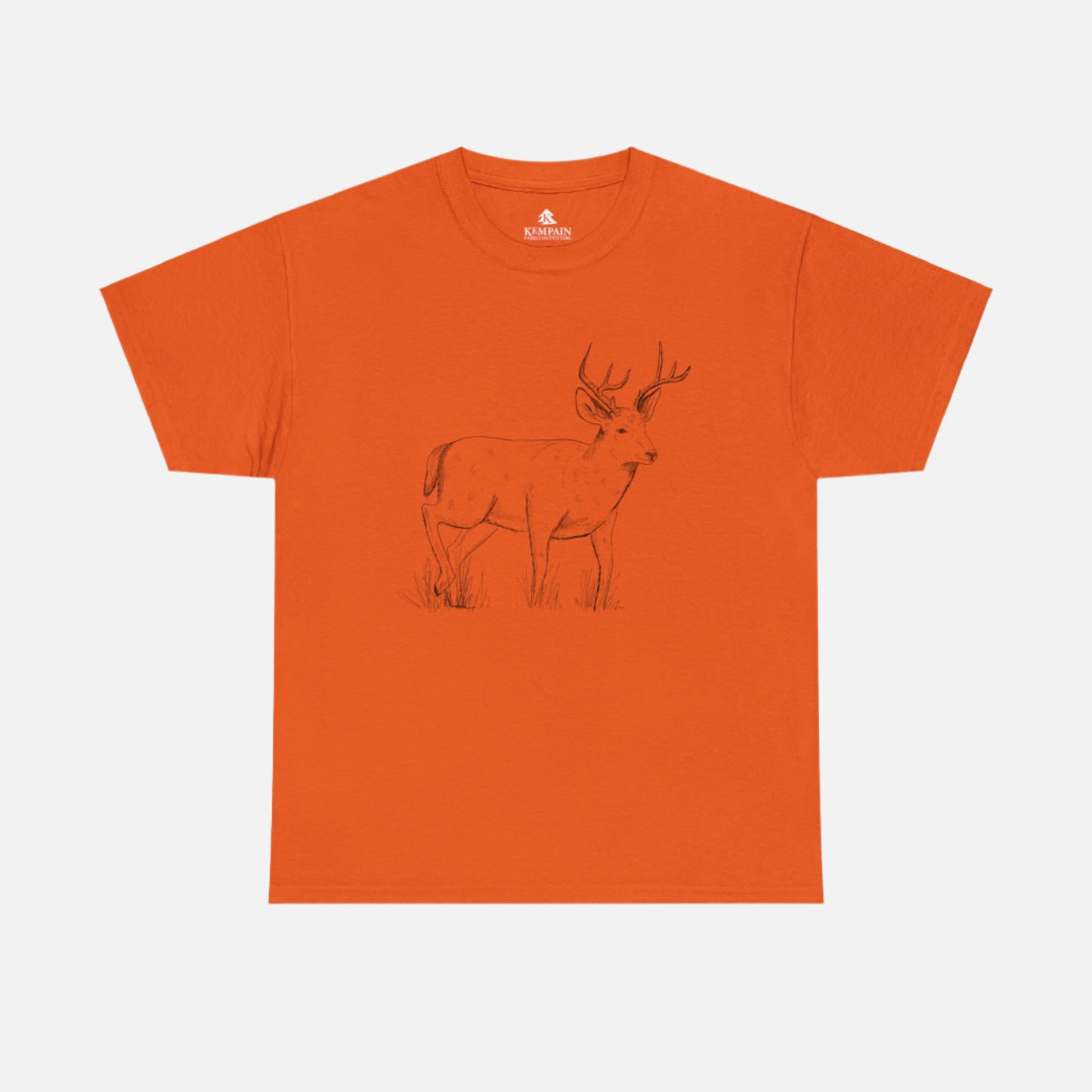 A orange t-shirt on white background with an illustration of a whitetail buck on front.