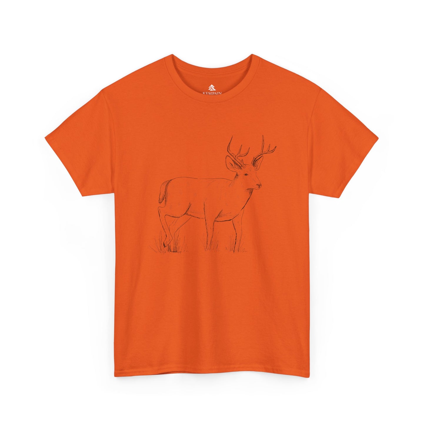 A orange t-shirt on white background with an illustration of a whitetail buck on front.