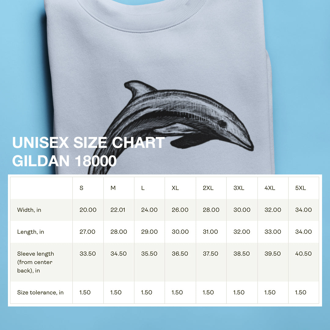 Unisex size chart image for Dolphin Illustration Sweatshirt, featuring an elegant dolphin design for ocean lovers and artistic fashion enthusiasts. Gildan 18000.