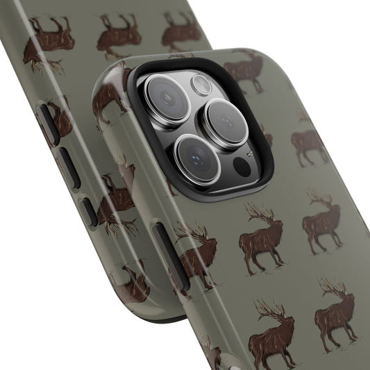 Elk Pattern Phone Case front angle camera view on a white background, showcasing a durable protective shell with a nature-inspired elk design for outdoor enthusiasts.