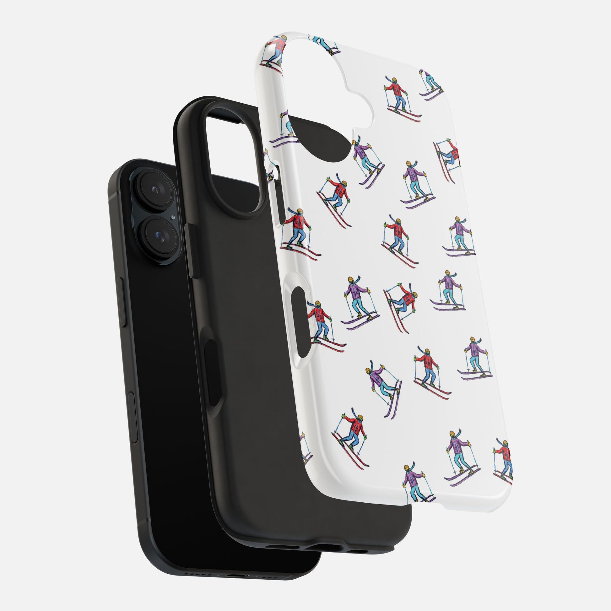 Exploded view of the cell phone case with illustrated skiers, showing its layered components and how it fits securely onto a phone.