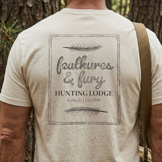 Person wearing a beige t-shirt with 'feathers & fury Hunting Lodge' design in a forest setting