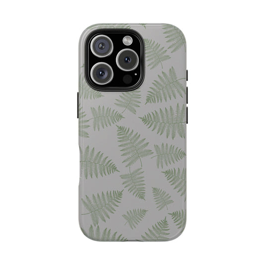A green fern on gray base pattern designed phone case.  Crafted for strong and durable protection, this case features a sleek glossy finish and a flexible rubber liner to absorb shocks from accidental drops.