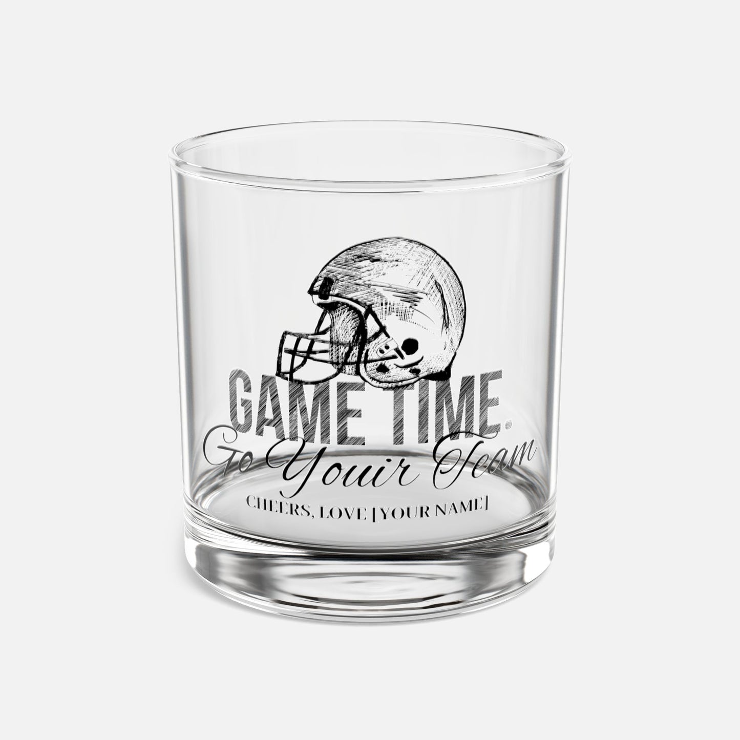 10oz personalized whiskey glass on a white background, featuring a detailed football helmet design and custom text. Perfect gift for football fans.