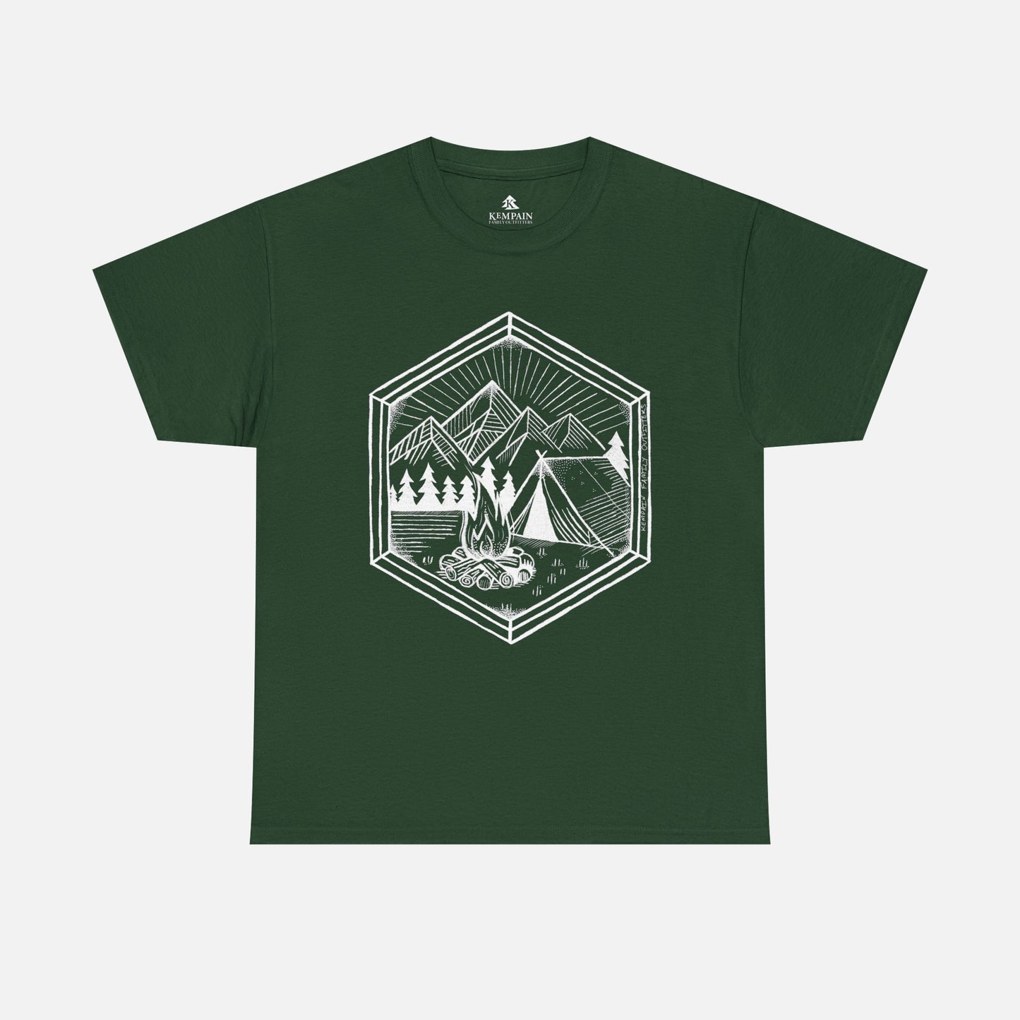 Nature’s Refuge Forest Green Camping T-Shirt displayed flat on a white background, showcasing a geometric outdoor adventure design.