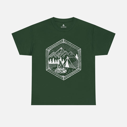 Nature’s Refuge Forest Green Camping T-Shirt displayed flat on a white background, showcasing a geometric outdoor adventure design.