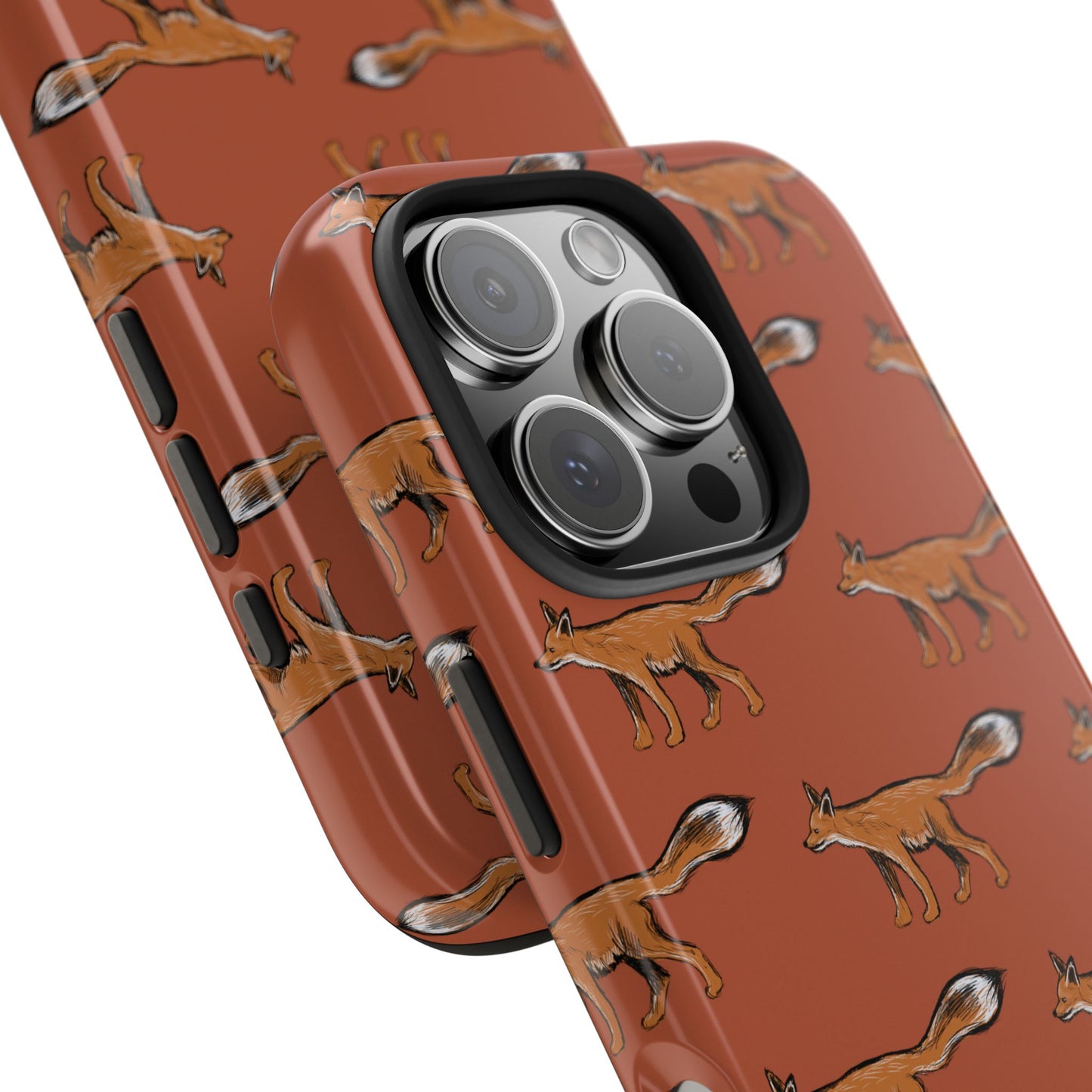 A fox pattern iPhone 16 Pro case front view angle close up showing detail of fox illustration and fit over phone buttons and camera area. On white background. Perfect outdoor wildlife style for everyday phone protection.