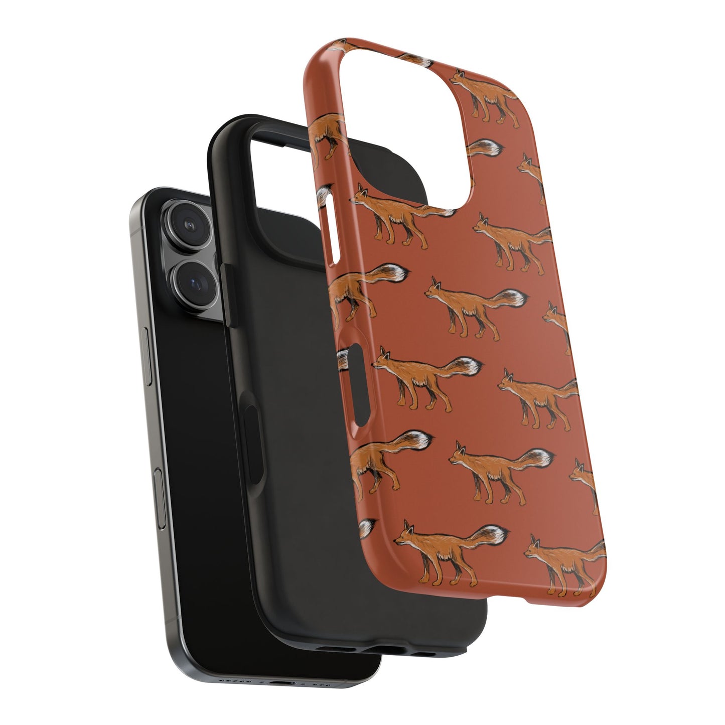 An exploded view of Fox pattern iPhone 16 Pro case displayed on white background showcasing the rubber liner and outer protective shell. Perfect wildlife inspired design by Kempain Family Outfitters.