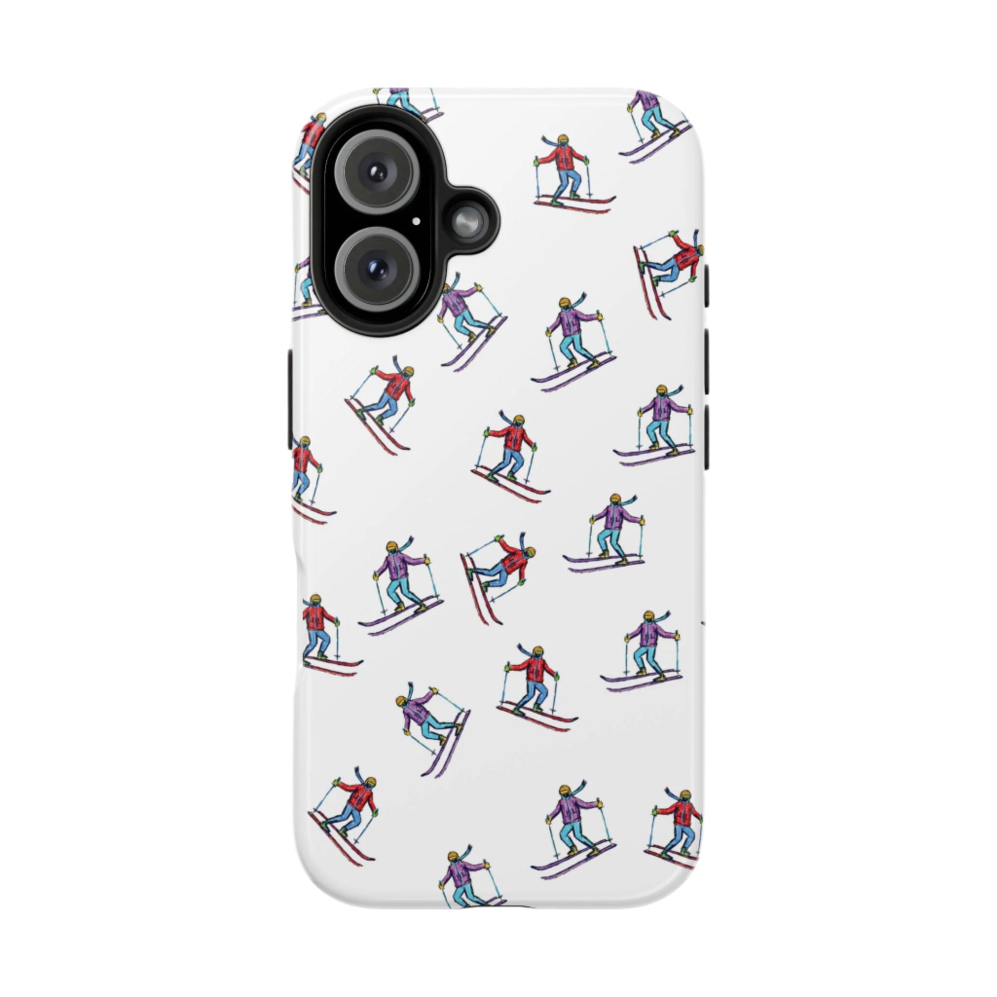 Front view of a cell phone case with illustrated skiers creating a mountain-like skiing pattern.