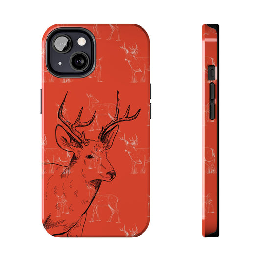 Front view of phone case for iPhone and Samsung models featuring a hunter orange background with a detailed buck and antlers design, perfect for outdoor and hunting enthusiasts.