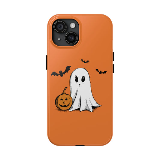 Front view of phone case featuring a Halloween design with a ghost, pumpkin, and bats, compatible with iPhone and Samsung models, perfect for spooky seasonal style.
