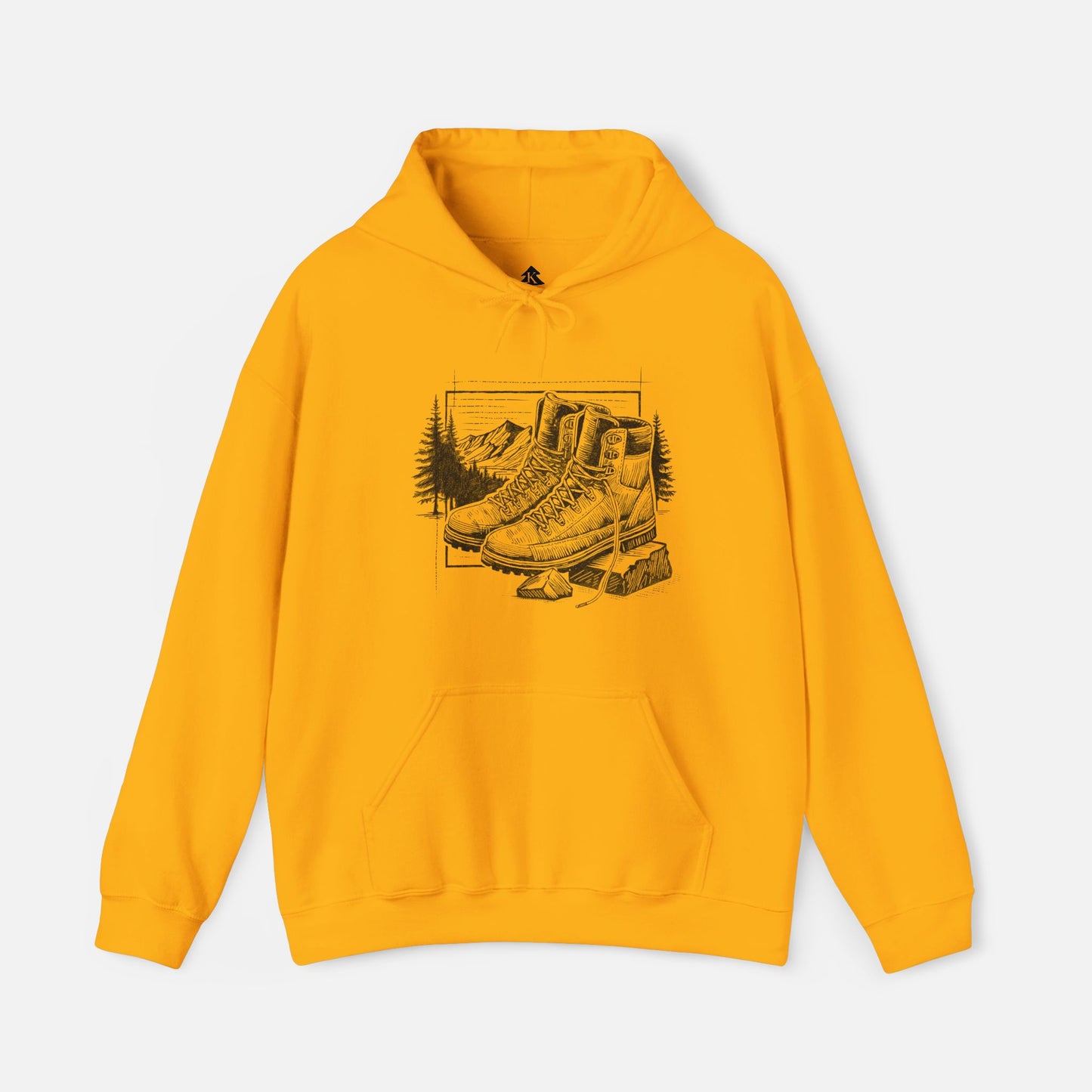 Trek & Trail Hoodie in gold color displayed on a white background, showcasing the detailed hiking boot and trail illustration.